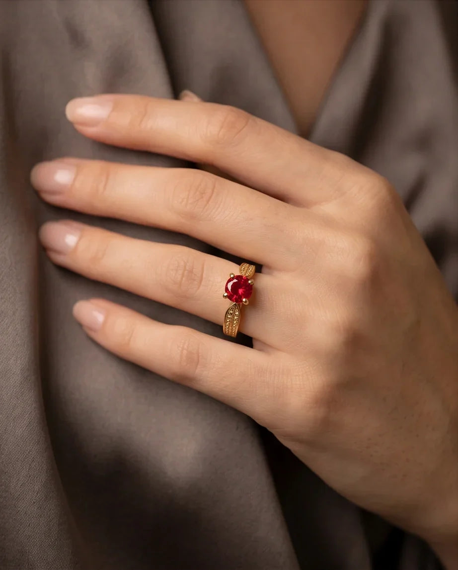 Vintage Gold Ruby Botanical Leaf Ring