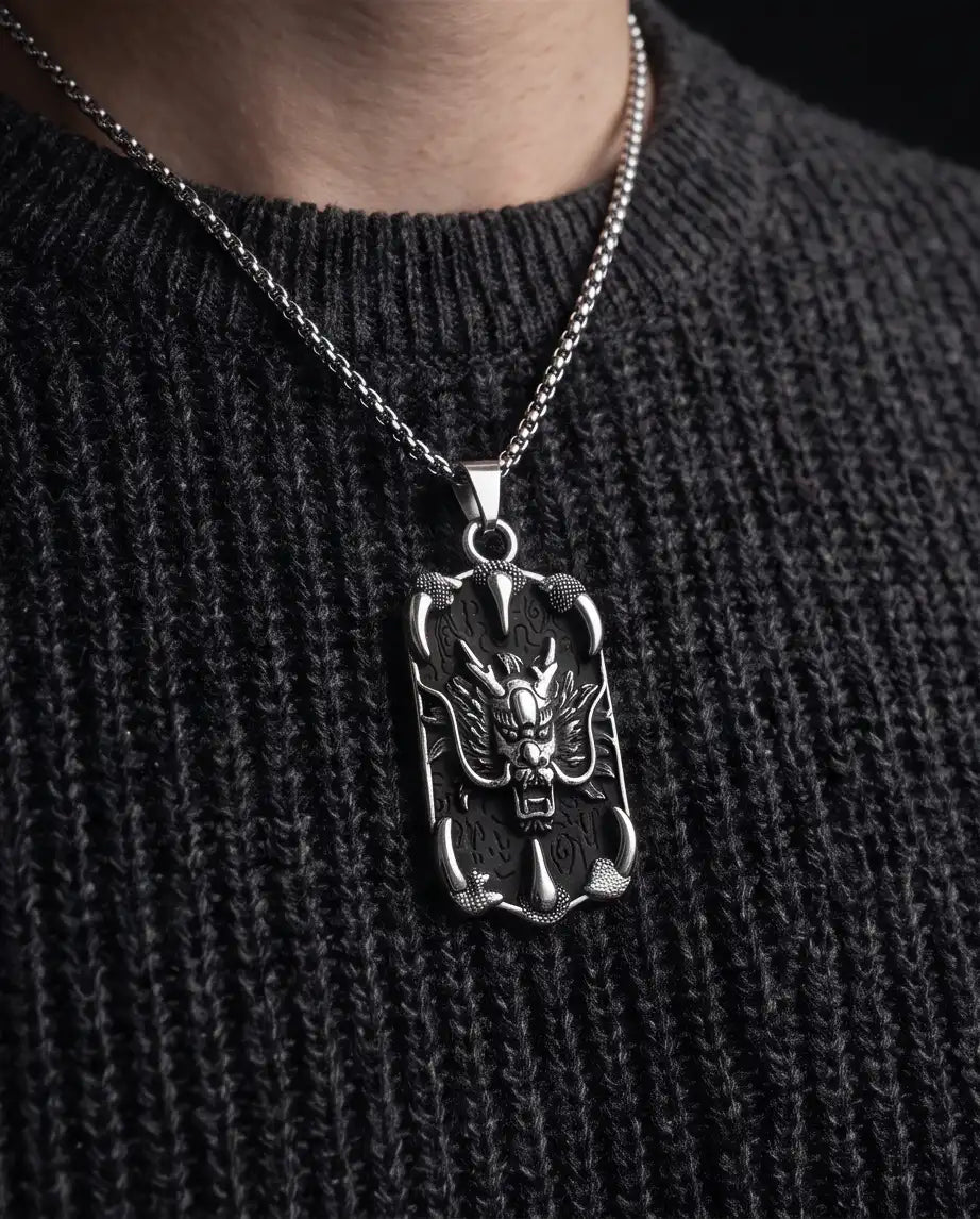 Gothic Dragon Claw Tag Silver Box Chain Necklace