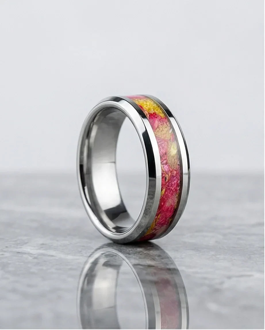 The Radiant Bloom: Polished Floral Inlay Band