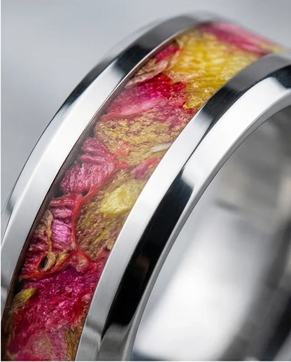 The Radiant Bloom: Polished Floral Inlay Band