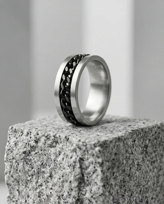 Iron Shadow: High-Contrast Chain Inlay Ring