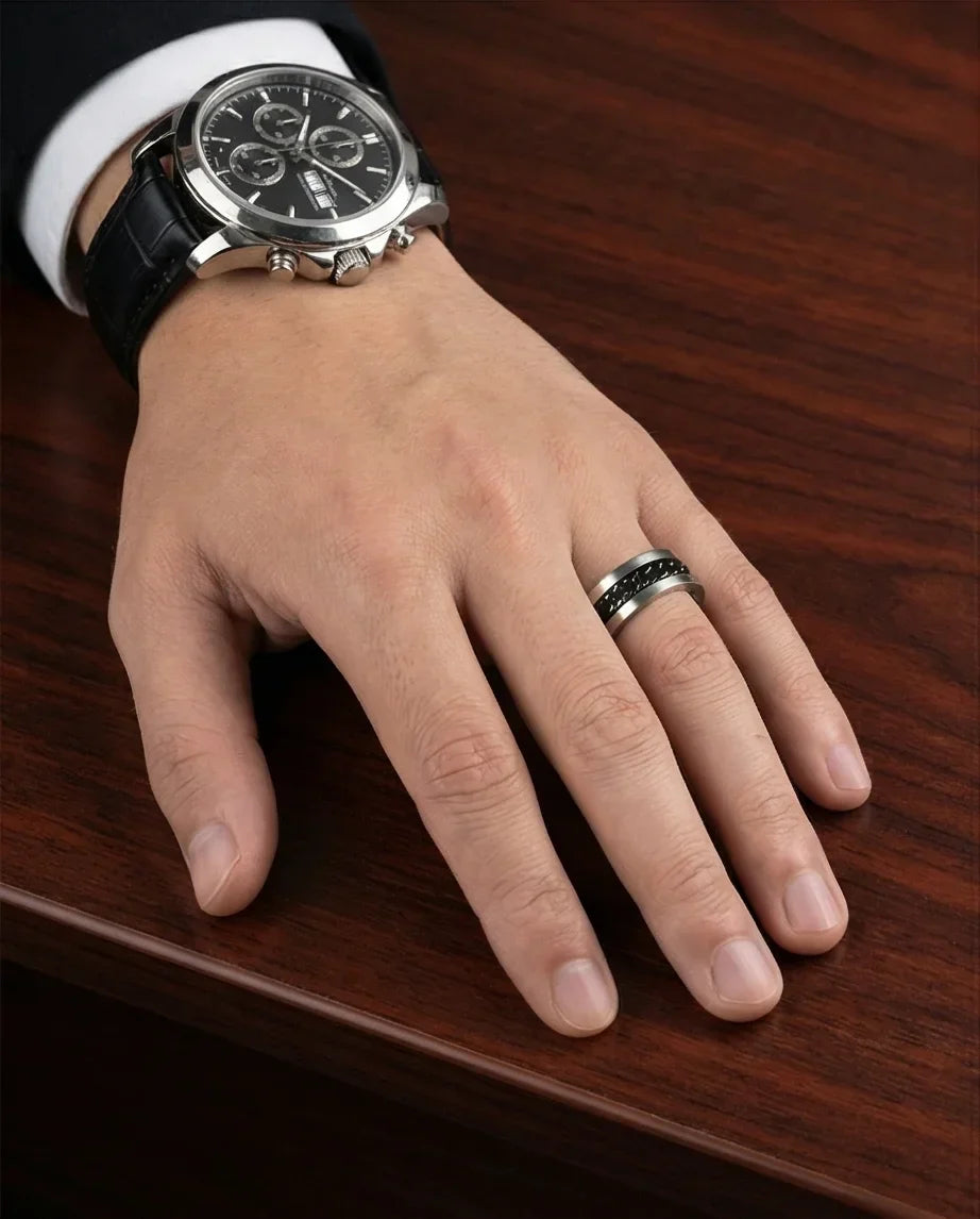 Iron Shadow: High-Contrast Chain Inlay Ring