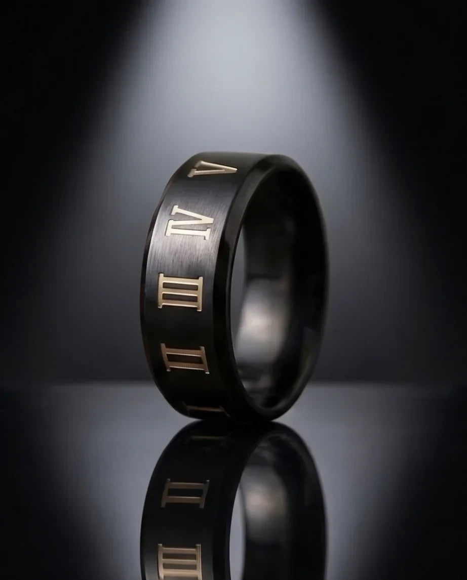 The Black Tungsten Carbide Band with Meteorite Dust and Opal Inlay