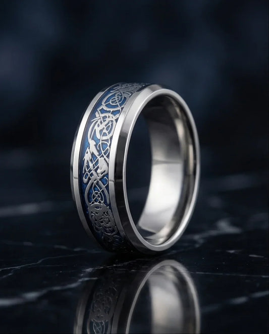 Azure Sentinel: Silver Celtic Dragon Blue Ring