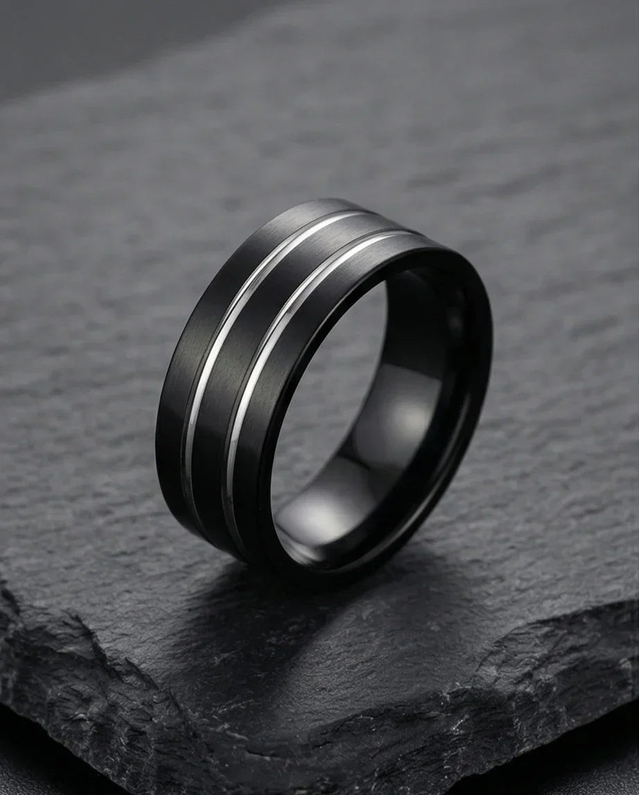 The Dual Meridian: Matte Black & Silver Inlay Band