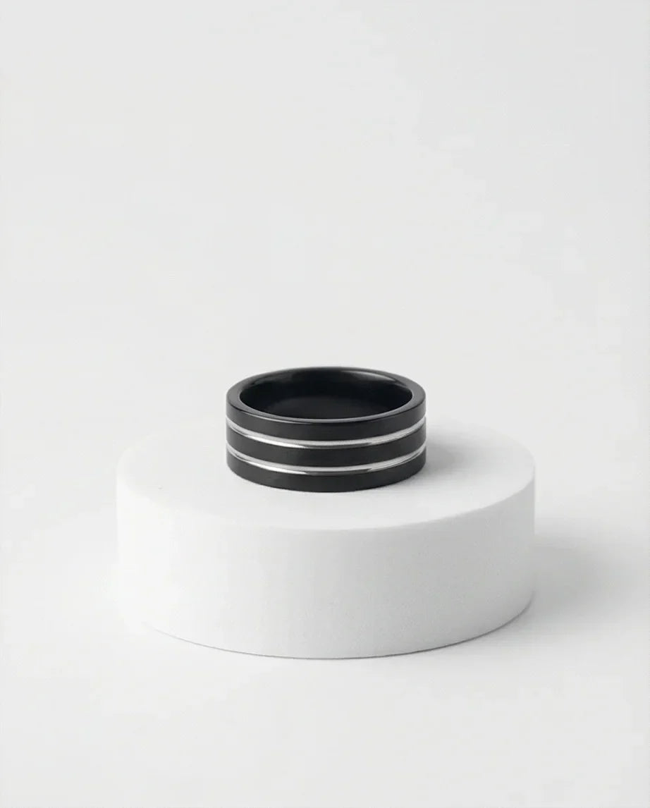 The Dual Meridian: Matte Black & Silver Inlay Band
