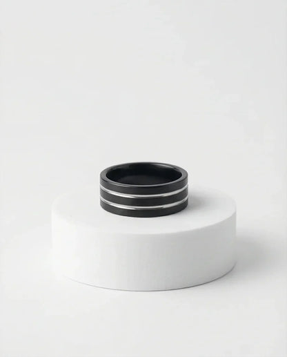 The Dual Meridian: Matte Black & Silver Inlay Band