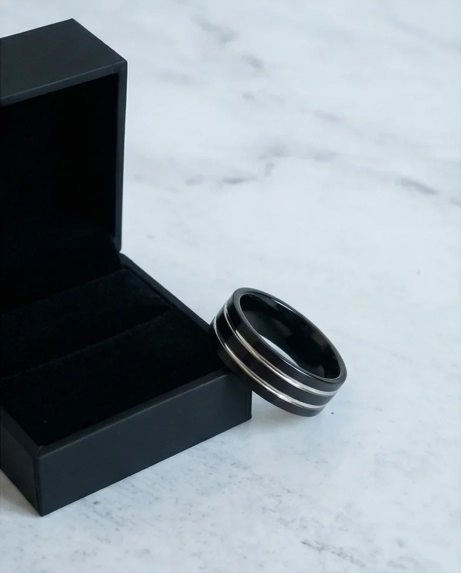 The Dual Meridian: Matte Black & Silver Inlay Band