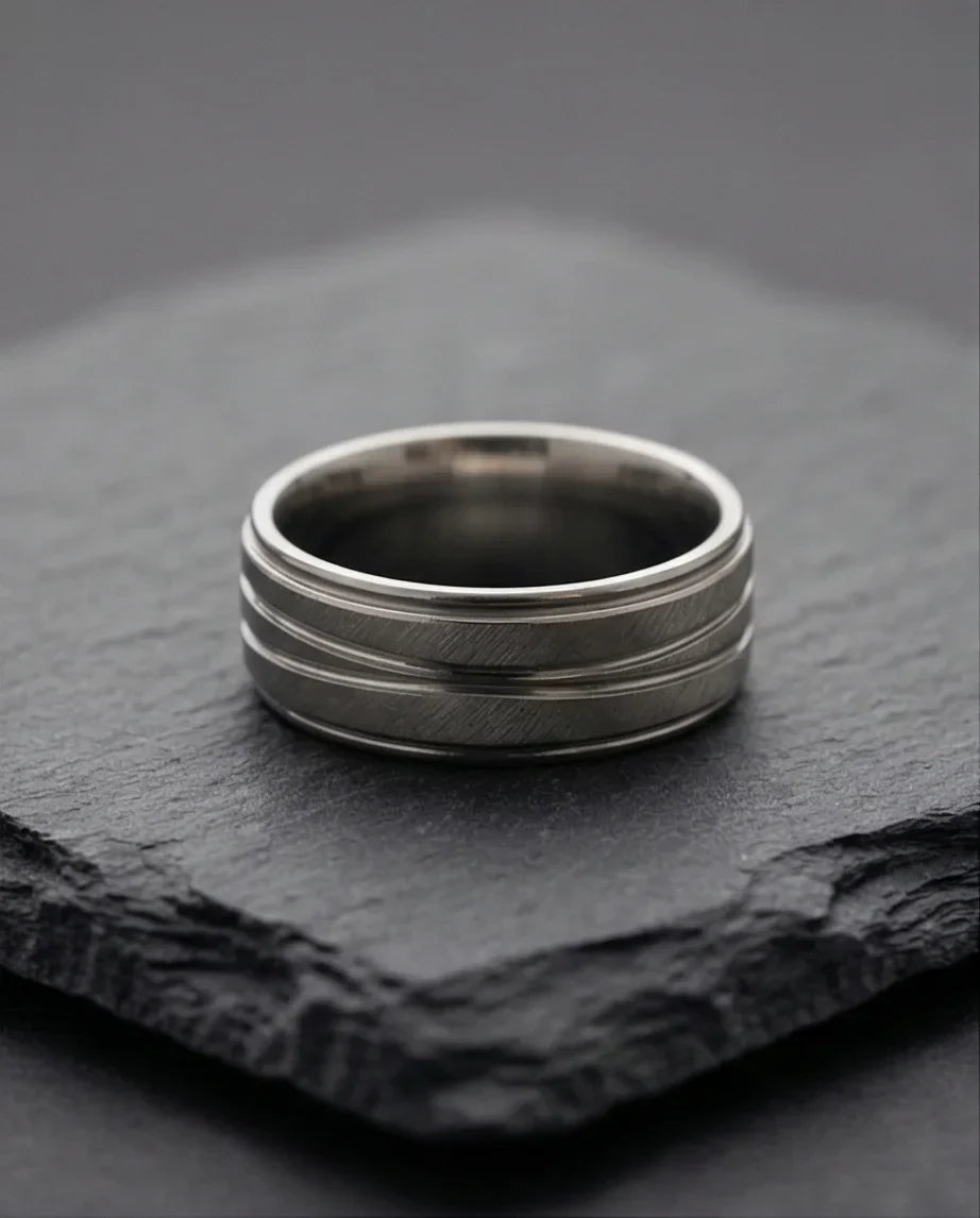 Titanium Horizon: Grooved Matte Statement Ring