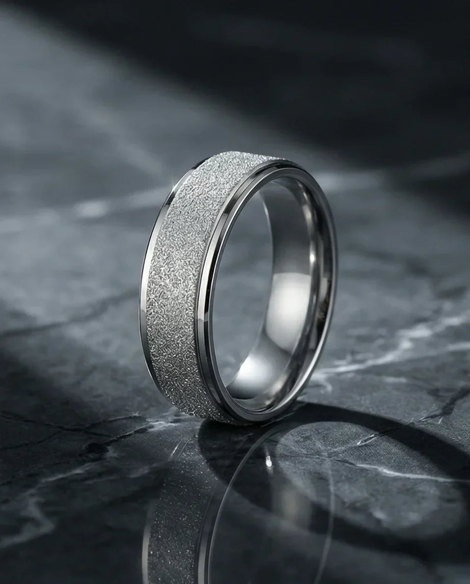 The Stardust Sentinel: Frosted Silver Beveled Band