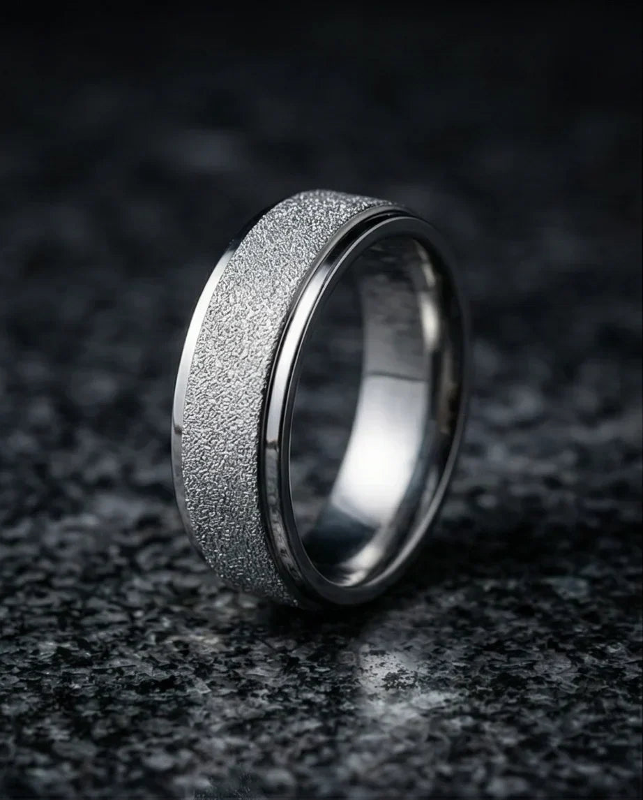 The Stardust Sentinel: Frosted Silver Beveled Band