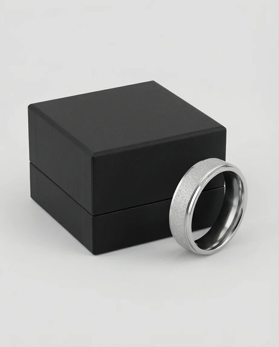 The Stardust Sentinel: Frosted Silver Beveled Band