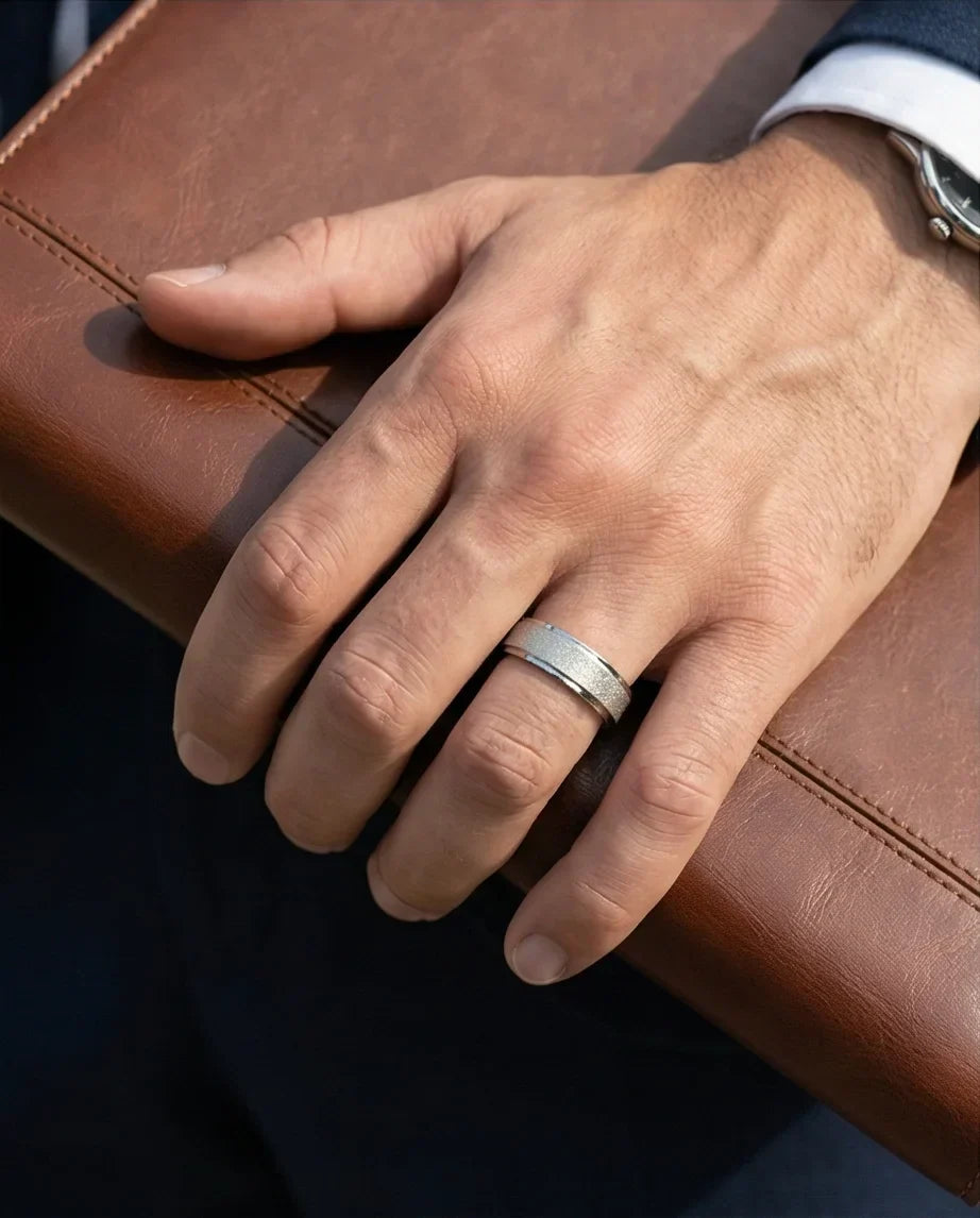 The Stardust Sentinel: Frosted Silver Beveled Band