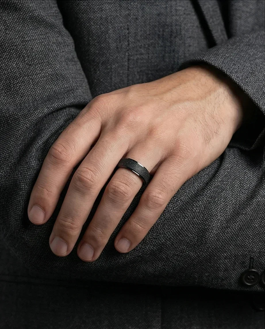 The Midnight Nebula: Frosted Obsidian Beveled Band