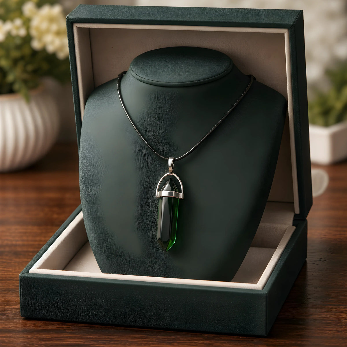 The Emerald Obelisk: Mystic Green Crystal Pendant