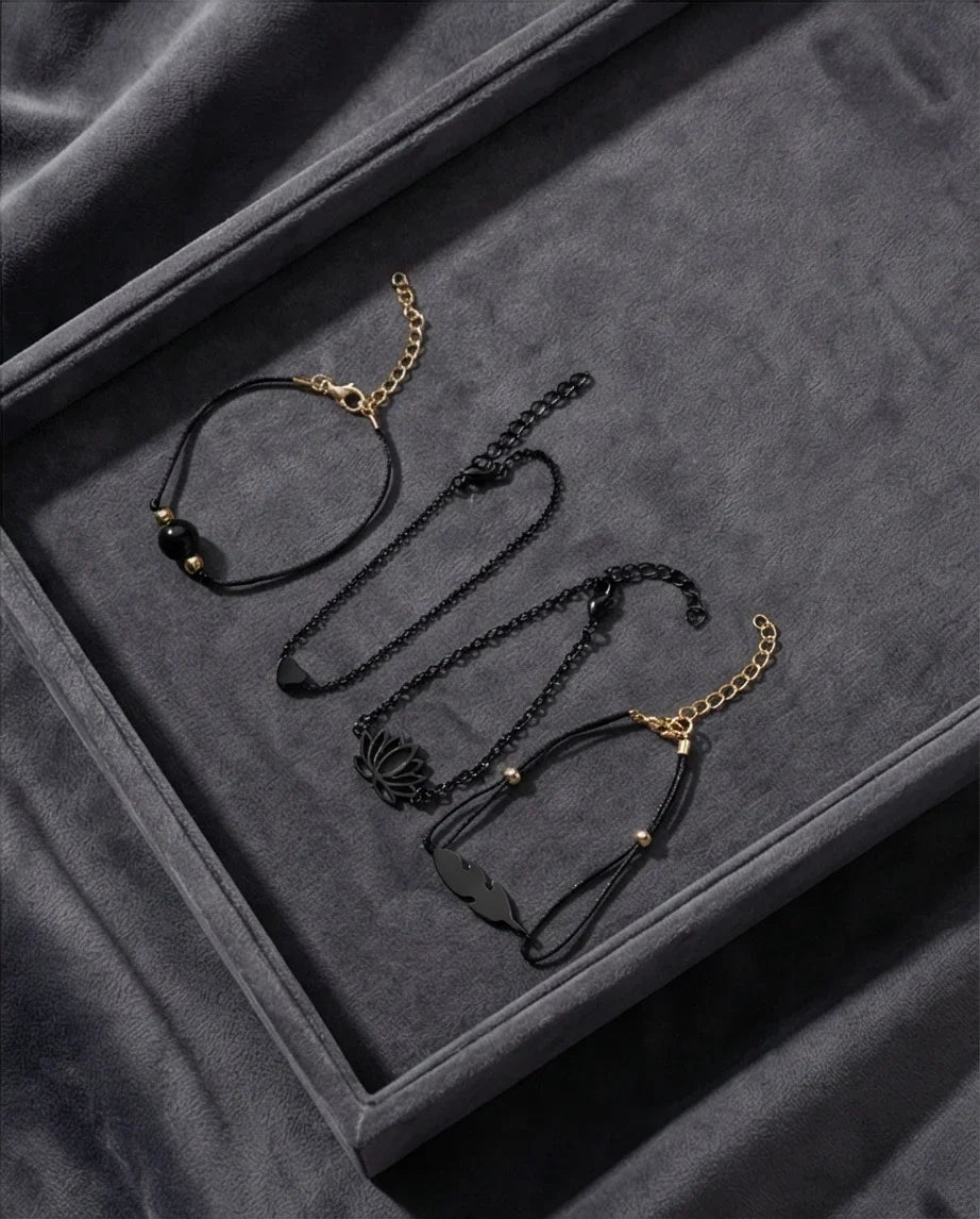 The Obsidian Bloom: 4-Piece Minimalist Bracelet Set