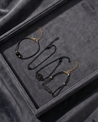 The Obsidian Bloom: 4-Piece Minimalist Bracelet Set