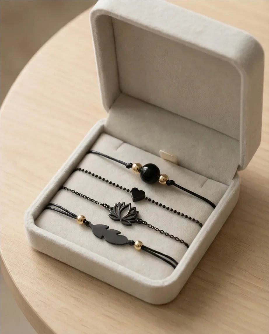 The Obsidian Bloom: 4-Piece Minimalist Bracelet Set