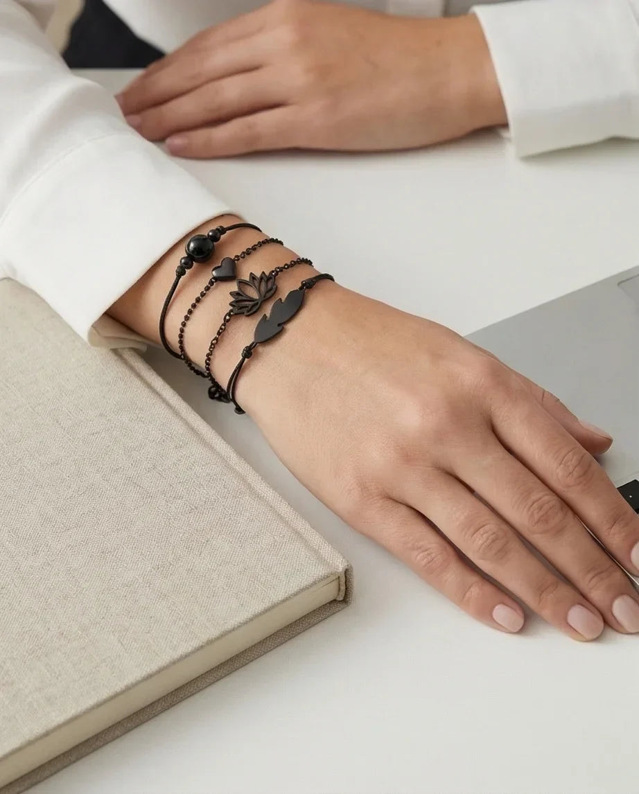 The Obsidian Bloom: 4-Piece Minimalist Bracelet Set