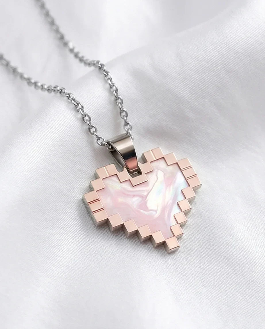 The Digital Blush: Marbled Rose Gold Pixel Heart