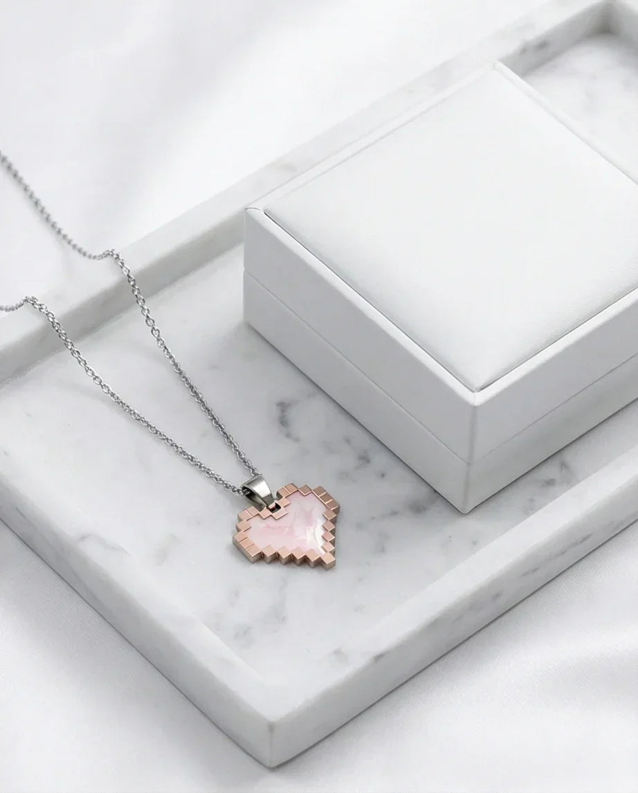 The Digital Blush: Marbled Rose Gold Pixel Heart