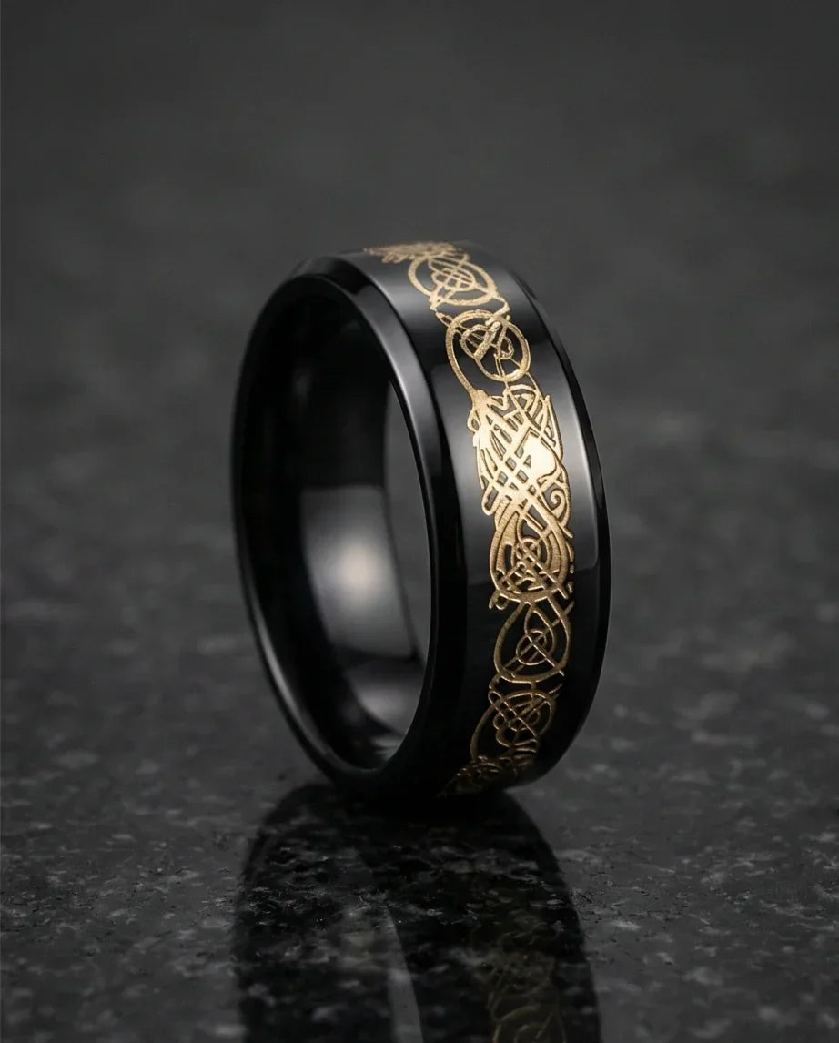 Black & Gold Celtic Wolf-Knot Ring