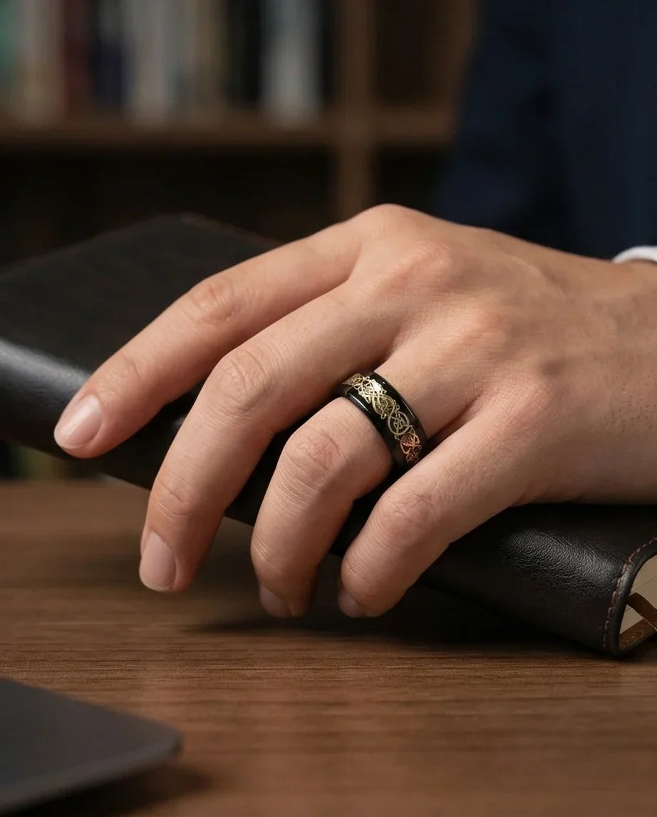 Black & Gold Celtic Wolf-Knot Ring