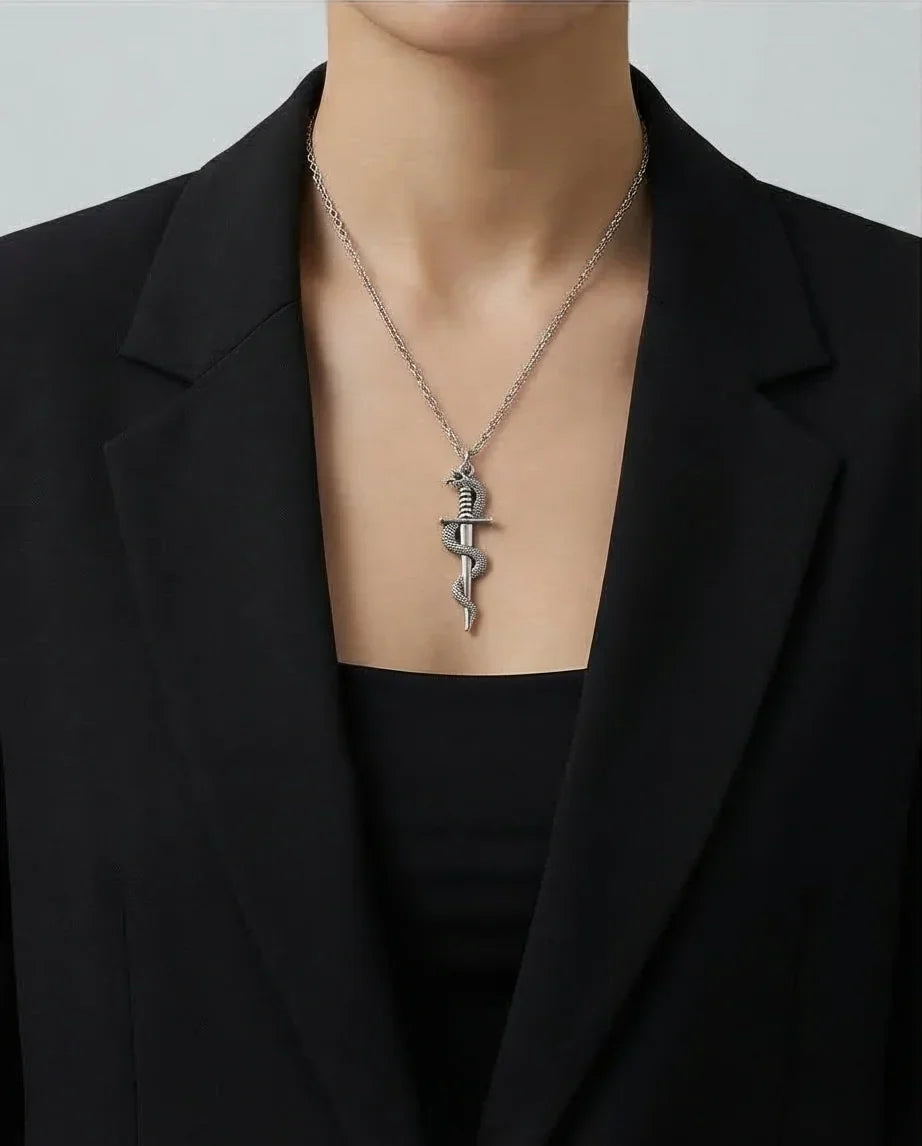 The Serpentine Blade: Antique Silver Guardian Necklace