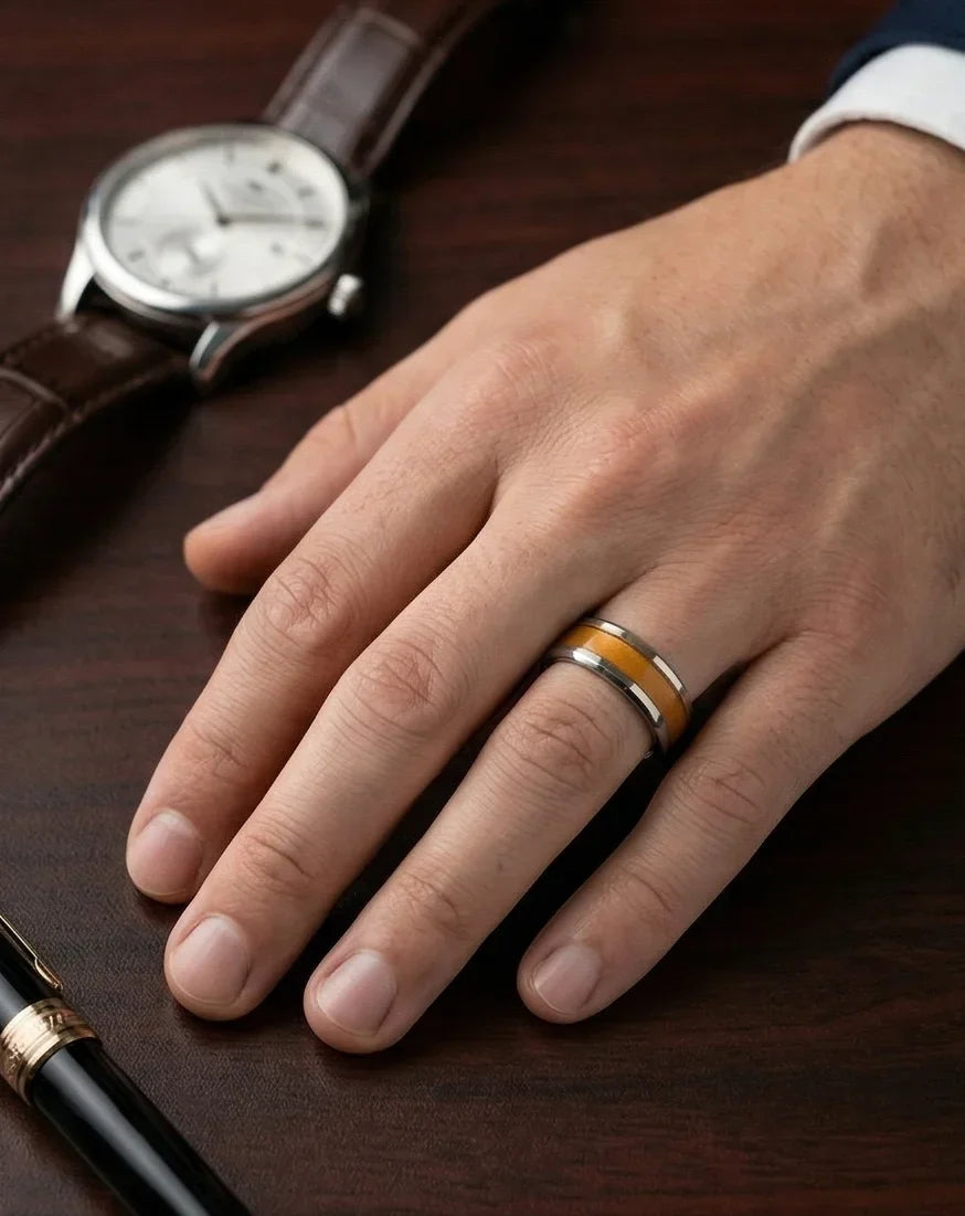 Amber Horizon: Beveled Silver Statement Ring