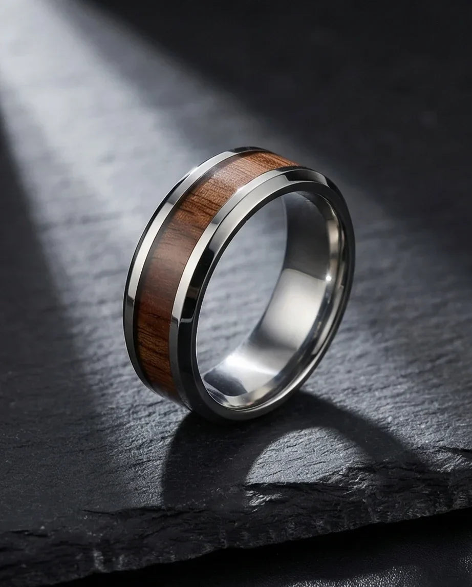 Urban Oak: Handcrafted Wood Inlay Comfort Ring