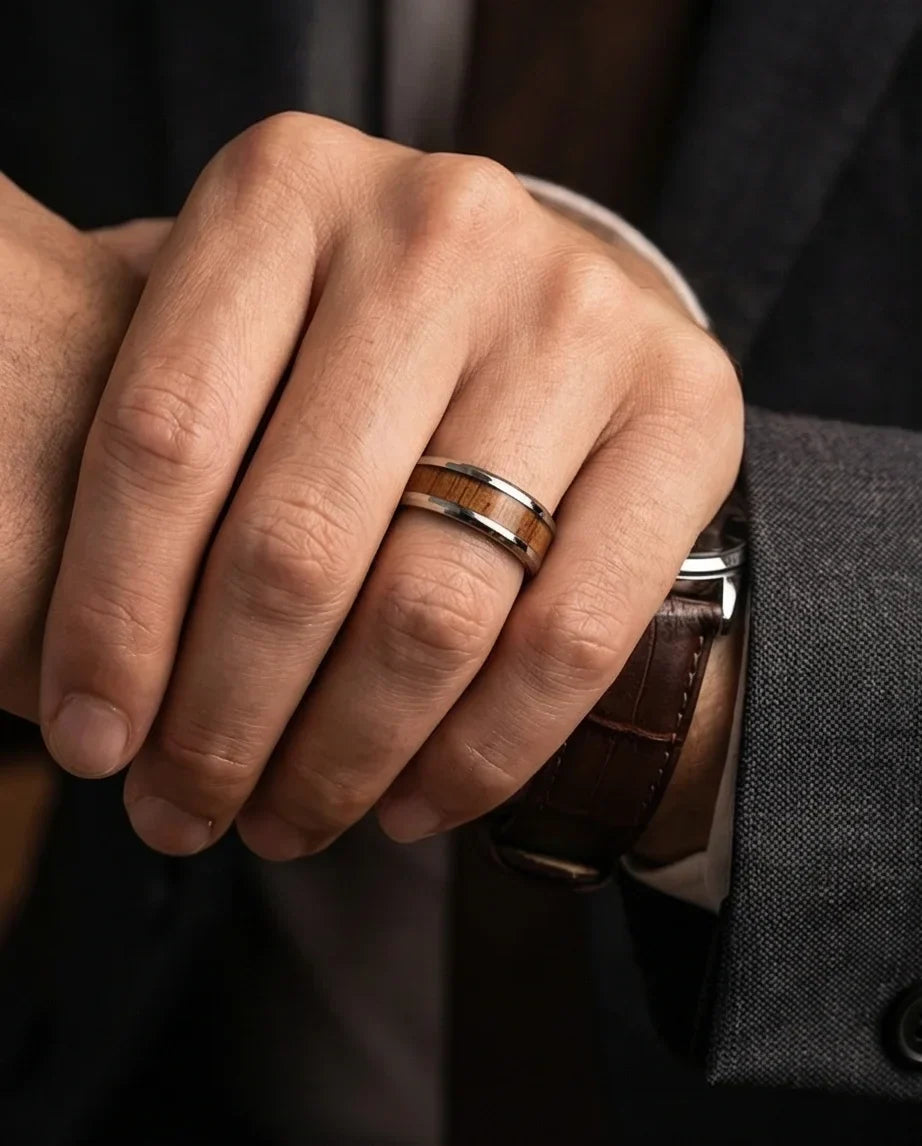 Urban Oak: Handcrafted Wood Inlay Comfort Ring