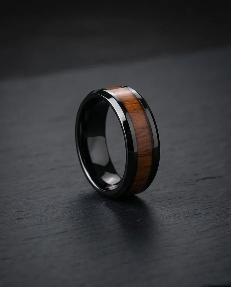 Obsidian Forest: Handcrafted Wood Inlay Black Ring
