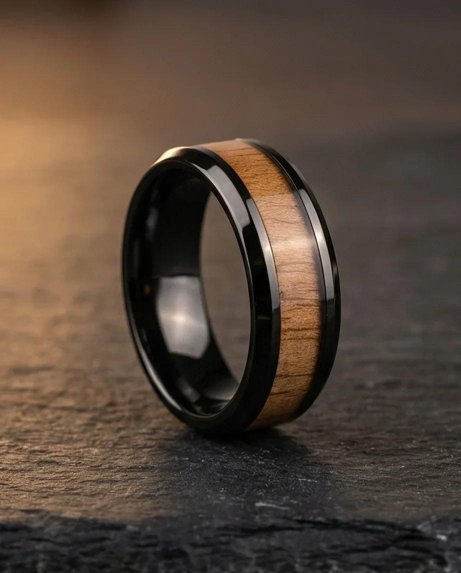 Obsidian Forest: Handcrafted Wood Inlay Black Ring