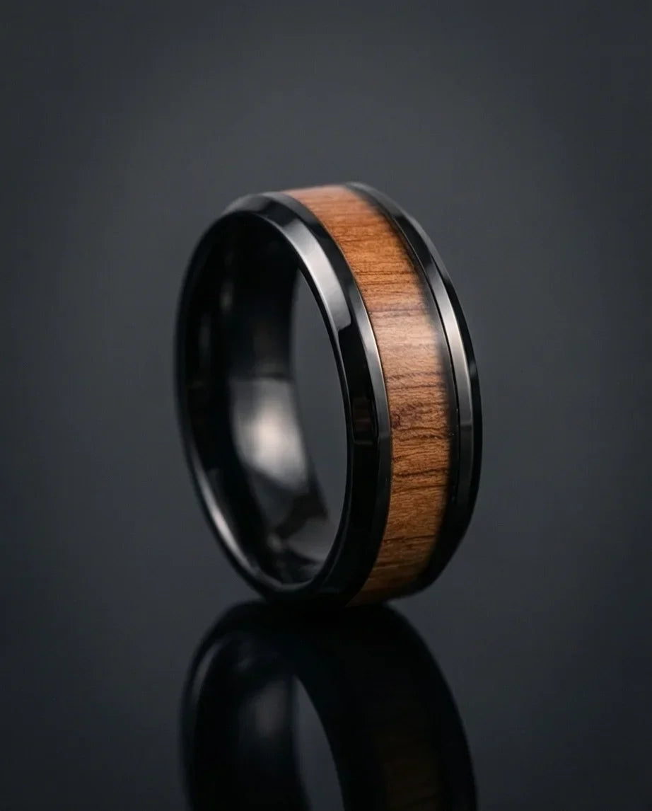 Obsidian Forest: Handcrafted Wood Inlay Black Ring