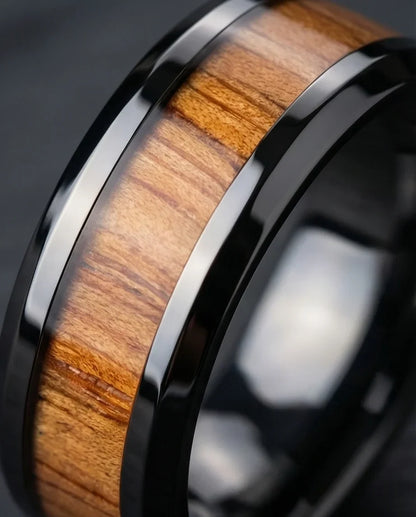 Obsidian Forest: Handcrafted Wood Inlay Black Ring