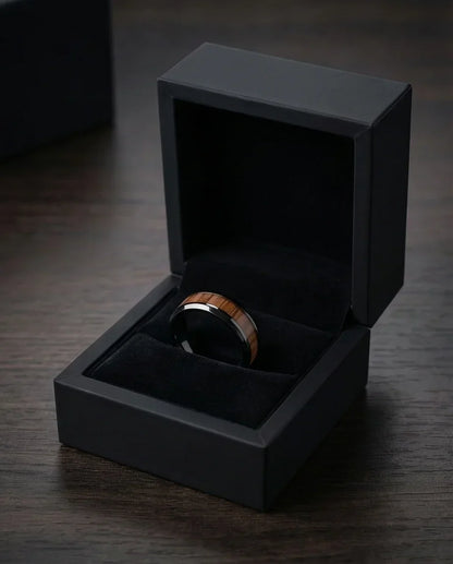 Obsidian Forest: Handcrafted Wood Inlay Black Ring