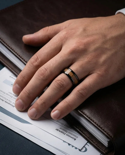 Obsidian Forest: Handcrafted Wood Inlay Black Ring