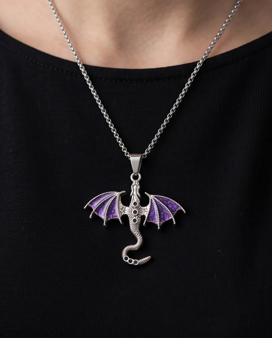 Silver Purple Enamel Dragon Wyvern Pendant Necklace