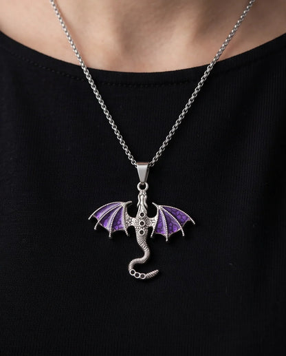 Silver Purple Enamel Dragon Wyvern Pendant Necklace