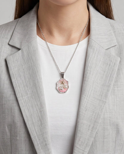 Silver Pink Seashell Starfish Pearl Enamel Medallion Chain Necklace