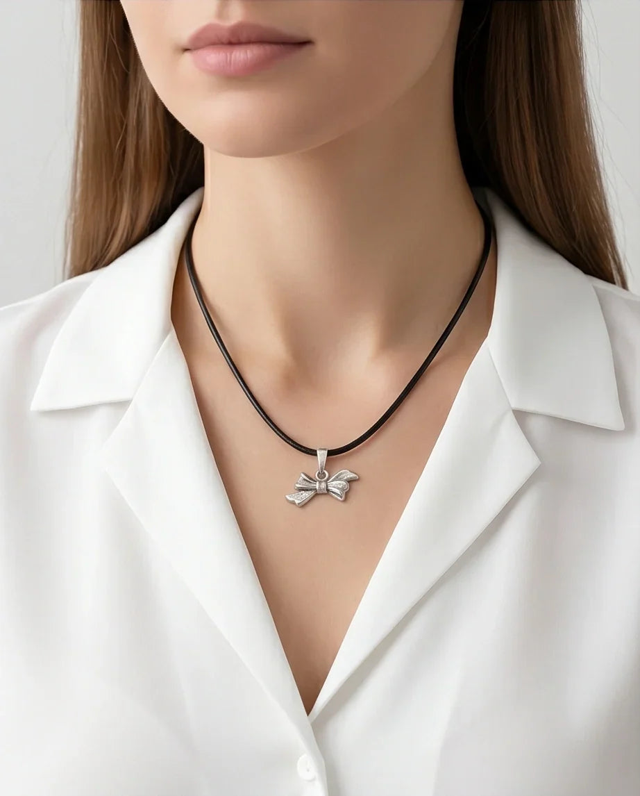 Silver Retro Ribbon Bow Necklace