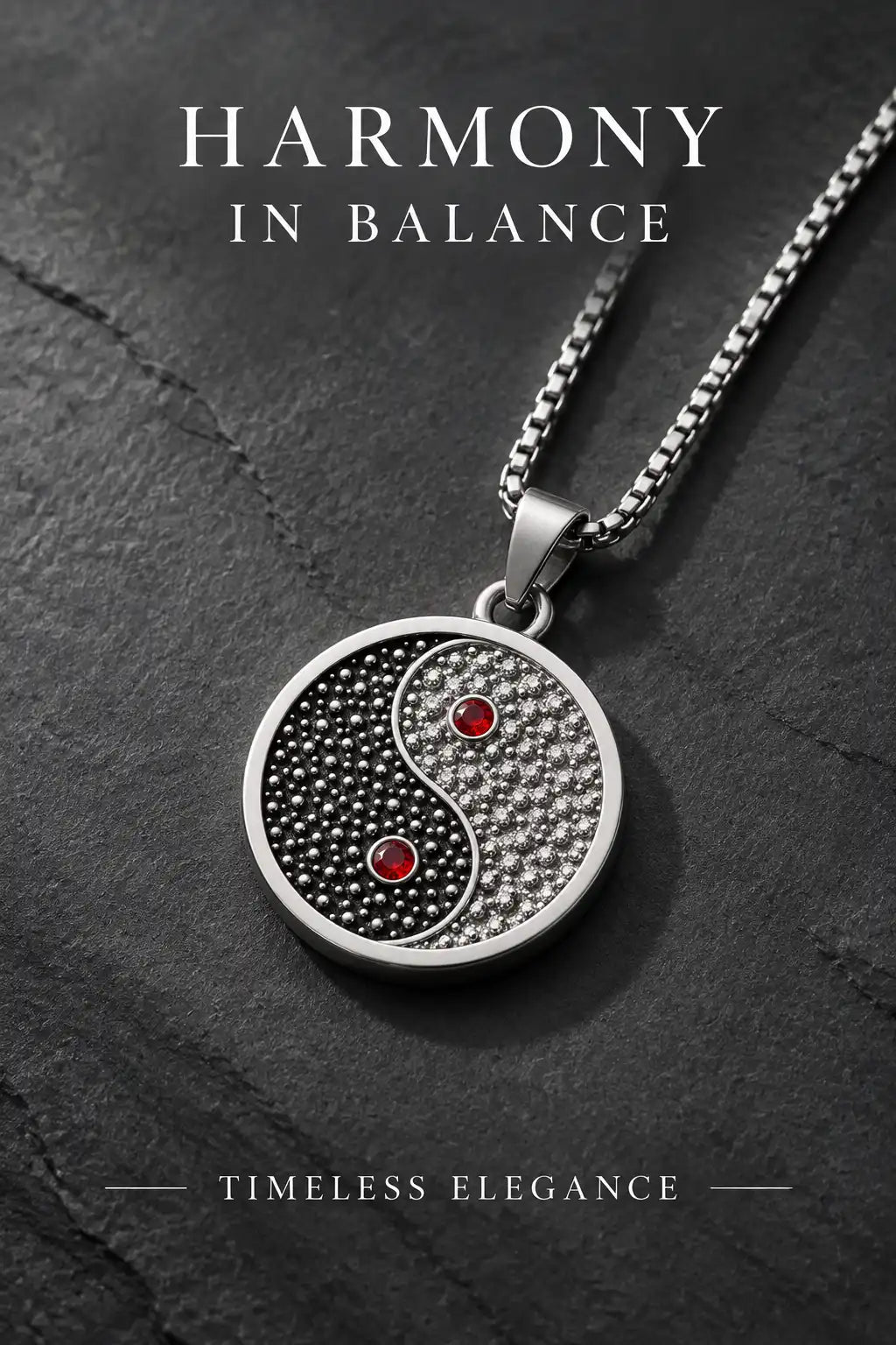 Red Gemstone Stippled Yin Yang Medallion Silver Box Chain Necklace