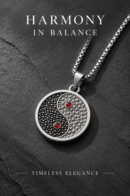 Red Gemstone Stippled Yin Yang Medallion Silver Box Chain Necklace