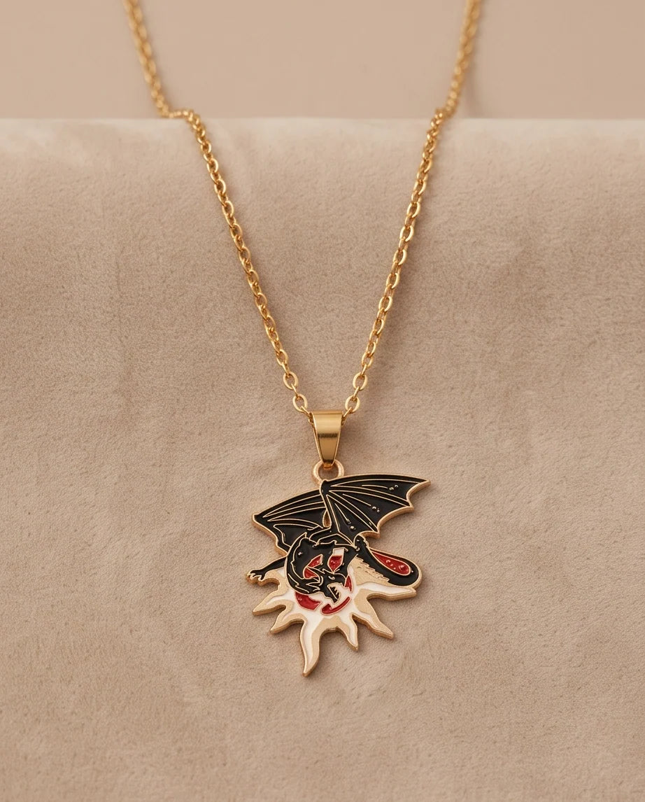 Gold Celestial Sun Dragon Enamel Pendant Necklace