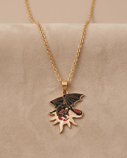 Gold Celestial Sun Dragon Enamel Pendant Necklace
