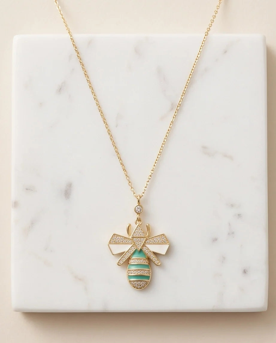 Gold Turquoise Enamel Bee Necklace