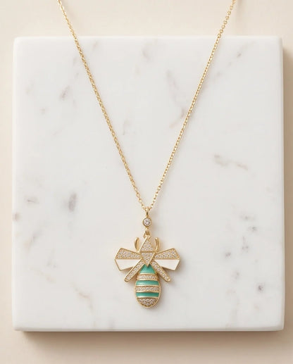 Gold Turquoise Enamel Bee Necklace