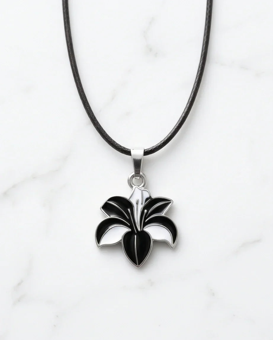 Bold Black and White Lily Enamel Pendant Necklace