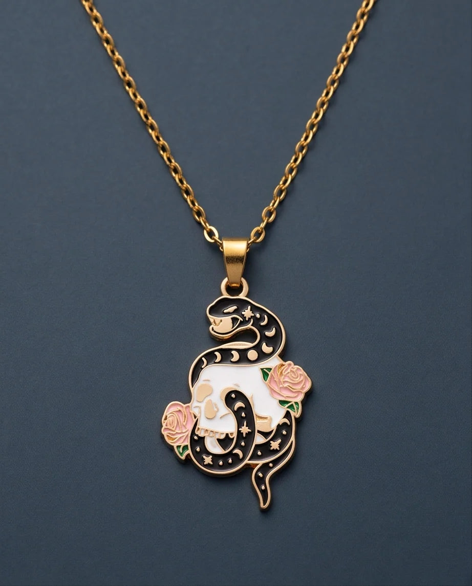 Gold Snake, Skull & Rose Enamel Pendant Necklace