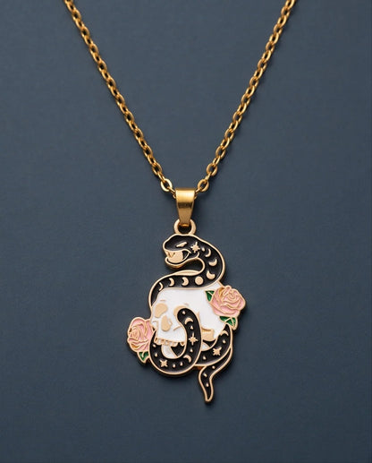 Gold Snake, Skull & Rose Enamel Pendant Necklace
